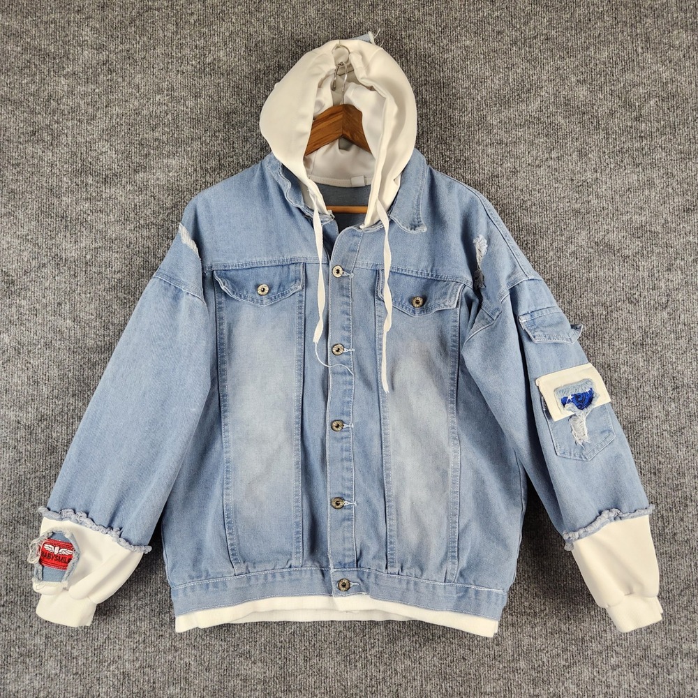 Jeans Hoodie Men's Distressed Denim Jacket Kanji Streetwear Blue XXL